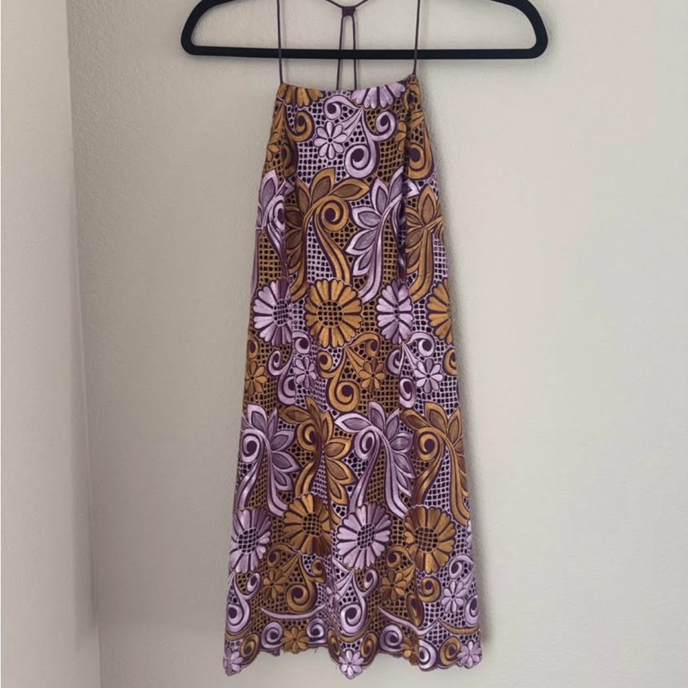 Anthropologie Floral Mini Dress in Purple and Gold